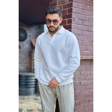 Guaraz Erkek Beyaz Polo Yakalı Pamuklu Yumuşak Kalın Kumaşlı Oversize Sweatshirt
