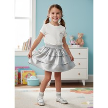 Dudese Kız Çocuk Parlak Metalik Gümüş Fırfırlı Etek