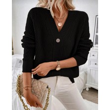 EkinDemir V Yaka Düğmeli Baklava Desen Dokuma Detaylı Uzun Kollu Triko Hırka