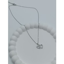 Lagül Aksesuar 316L Çelik Kararmaz Suya Dayanıklı Zirkon Taşlı Çift Kalp Detaylı Silver Kolye