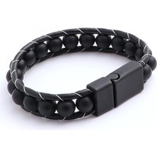 Mat Oniks Taşı Örmeli Deri Bileklik