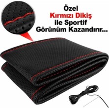 EFEAKS Deri Direksiyon Kılıfı Sarmalı Dikmeli Kırmızı Dikişli Kokusuz Kılıf