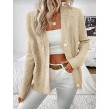 EkinDemir V Yaka Düğmeli Baklava Desen Dokuma Detaylı Uzun Kollu Triko Hırka