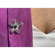 C7 Silver Siyah Incili Telkâri Orkide Broş