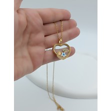 Lagül Aksesuar 316L Çelik Kararmaz Kalp Cam Çerçeve Içinde Nazar Boncuklu Yıldız, Göz ve Çicek Detaylı Gold Kolye