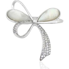 Oya Silver Beyaz Zirkon Taşlı Sedefli Fiyonk Gümüş Broş 3.9x3.9cm [OYSFB006]