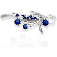 Oya Silver Safir Zirkon Zarif Yaprak Dalı Gümüş Broş 5x2.2cm [OYSYDB012]