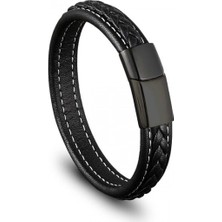 Siyah & Siyah Saç Örgülü Deri ve Çelik Bileklik