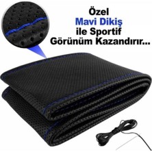 EFEAKS Deri Direksiyon Kılıfı Sarmalı Dikmeli Mavi Dikişli Kokusuz