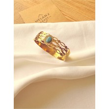 Melanj Craft Mavi Oval Taşlı Kelepçe Çelik Bileklik - Gold