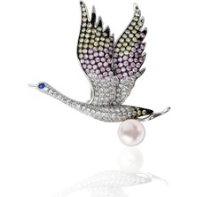 Oya Silver Inci ve Taş Işlemeli Gümüş Leylek Broş 5.5X5CM [OYA-BRS-LYL-005] 