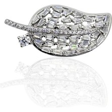 Oya Silver Zirkon Baget Taşlı Yaprak Gümüş Broş 2.9x1.4cm [OYSYB004]