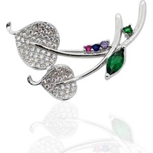 Oya Silver Zirkon Taşlı Dal Yaprağı Gümüş Broş 3.1x1.9cm [OYA-BRS-YPRK-008]