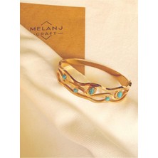 Melanj Craft Mavi Çoklu Taşlı Çelik Kelepçe Bileklik - Gold - 6 cm