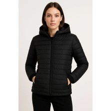 Kadın Şişme Kapüşonlu Fermuarlı Mont Su Itici Kapitone Astarlı Kumaş Cepli Kışlık Rahat Kalıp - Siyah