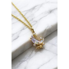 Çelik Takı Kelebek Yıldız ve Hilal Detaylı Zirkon Taşlı Çelik Kolye