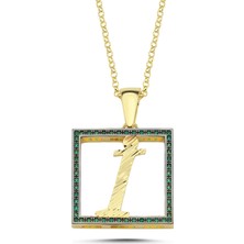 I Harfi Yeşil Taşlı 14 Ayar Altın Kaplama Kolye HR10 Silverize