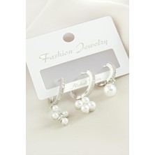 Marsilyan 3 Adet Çiçek Inci Zirkon Taşlı Küpe