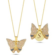 Silverize Taşlı Kelebek Açılır Kapanır Altın Kaplama Kolye Ak7