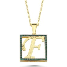 F Harfli Yeşil Taşlı 14 Ayar Altın Kaplama Kolye Hr6 Silverize
