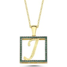 J Harfli Yeşil Taşlı 14 Ayar Altın Kaplama Kolye HR11 Silverize