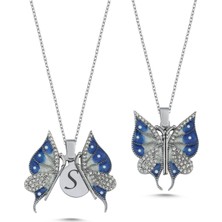 Silverize Mavi Beyaz Kelebek Açılır Kapanır Gümüş Kolye AK14