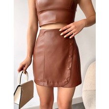 Beş Düğmeli Oval Deri Etek Kahve H240068