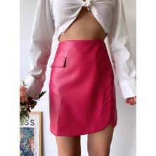 Cep Detaylı Oval Kapaklı Deri Etek Fuşya H240048