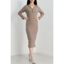 Fermuar Detaylı Fitilli Şardonlu Elbise Bej A3178