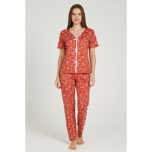 Kadın Turuncu Kalp Desenli Fiyonklu Kısa Kollu Uzun Pijama Takımı