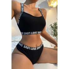Lux Store Kadın Siyah Çapraz Sırt ve Love Yazı Detaylı Iç Çamaşır Takımı - Modern, Konforlu