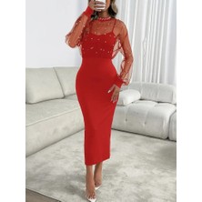 Arben Boutique Kadın Uzun Kollu Halka Yaka Tül Inci Detaylı Uzun Ithal Krep Elbise