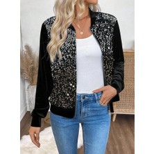 Arben Boutique Kadın Uzun Kollu Önü Açık Fermuarlı Pulpayetli Kadife Ceket