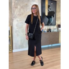 Melen Moda Kadın Kısa Kollu Bisiklet Yakalı Cepli Önden Yırtmaçlı Viskon Iki Iplik Midi Elbise