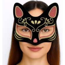 Elma Shop Siyah Renk Süet Kaplama Üzeri Kırmızı Sarı Simli Kedi Maskesi 17X14 cm