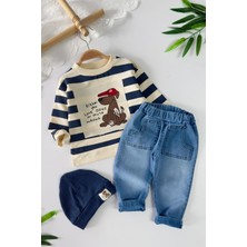 Miniğimin Cicileri Çizgili Köpek Baskılı Sweatshirtlü Kot Pantolonlu Erkek Bebek 3 lü takım - Lacivert