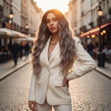 Elma Shop Fiber Sentetik Uzun Su Dalgası Peruk / Siyah / Küllü Platin Ombreli