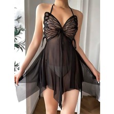 MOTTO10 Butik Kelebek Görünümlü Fantezi Tül Siyah Gecelik