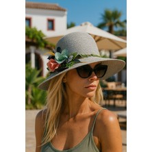 Katia & Bony Kadın Çiçek Aksesuarlı Hasır Şapka Gri