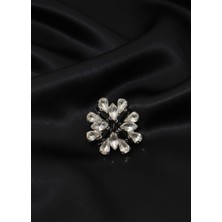 Barış Dizayn Bros Siyah Detaylı Kristal Taşlı Çiçek Broş