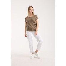 G-FOX Kadın Rahat Kesim Kıvrımlı Kol Basic Yuvarlak Yaka Viskon Tişört 6011