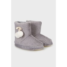 Lela 6722003 Kadın Gri Peluş Ponponlu Yumuşak Dokulu Panduf Düz Desenli Kauçuk Tabanlı