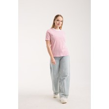 G-FOX Kadın %100 Pamuk Ince Çizgili Basic Yuvarlak Yaka Kısa Kol Tişört 6012