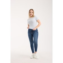 G-FOX Kadın Çizgili Esnek Ribana Kumaş Kısa Kollu Bisiklet Yaka Slim Fit Basic Günlük Tişört 6013