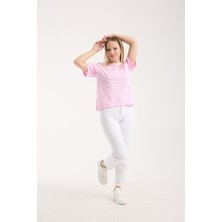 G-FOX Kadın %100 Pamuk Rahat Kalıp Yatay Çizgili Basic Bisiklet Yaka Kısa Kollu Günlük Tişört 6014