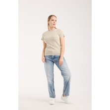 G-FOX Kadın Esnek Ribana Çizgili Basic Kısa Kollu Bisiklet Yaka Slim Fit Rahat Günlük Kullanım Tişört 6015