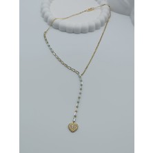 Lagül Aksesuar 316L Çelik Kararmaz Taşlı ve Zincirli Kalp Detaylı Gold Y Kolye