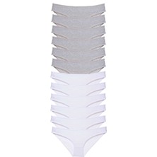 Leopardess 12 adet Süper Eko Set Likralı Kadın Slip Külot Gri Beyaz