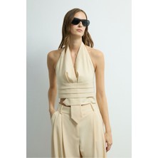 Love My Body Moda Tutkusu V Yaka Pileli Crop Yelek Vanilya 179M2227000