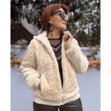 Denizege Butik Kadın Italyan Kapüşonlu Suni Kürk Mont Ekru